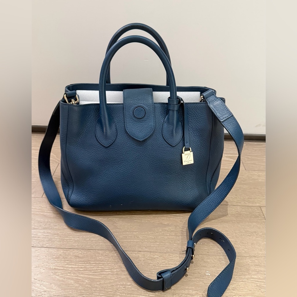 Aspinal of London Navy Leather Tote Handbag with Strap